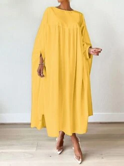 Women's Work Dress Black Dress White Dress Fashion Long Dress Maxi Dress Ruched Split Crew Neck Long Sleeve Plain Loose Fit Black White Yellow Fall S M L XL XXL -Tesla Style vfcmwq1693203351420