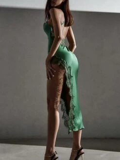 Women's Prom Dress Lace Dress Sheath Dress Long Dress Maxi Dress Black White Green Sleeveless Pure Color Lace Summer Spring Spaghetti Strap Fashion Evening Party Wedding Guest Vacation 2023 S M L -Tesla Style vferyt1640771239112