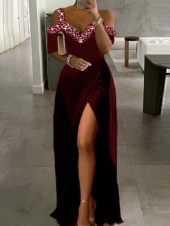 Women‘s Party Dress Black Dress Formal Dress Formal Evening Party Graduation Long Dress Maxi Dress Fashion Party V Neck Short Sleeve Patchwork Split 2023 Black Pure Color S M L XL 2XL -Tesla Style vfhebr1680084183567