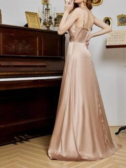 Women's Prom Dress Party Dress Satin Dress Long Dress Maxi Dress Champagne Pink Red Sleeveless Pure Color Backless Spring Fall Winter Spaghetti Strap Fashion Winter Dress Evening Party Wedding Guest -Tesla Style vfumtc1692079376391