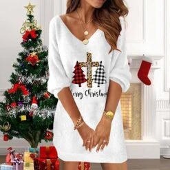 Women's Christmas T Shirt Dress Tee Dress Shift Dress Sweat Dress Mini Dress Black And White Light Yellow Black Gray 3/4 Length Sleeve Elk Print Winter Fall Spring V Neck 2022 S M L -Tesla Style vfzkwd1668164743999