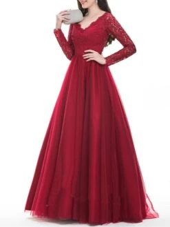 Women‘s Formal Party Dress Wedding Guest Dress Lace Dress Sheath Dress Long Dress Maxi Dress Red Long Sleeve Pure Color Lace Winter Fall Autumn V Neck Winter Dress Slim S M L XL -Tesla Style vgatyf1658901260819