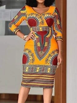 Women's Work Dress Sheath Dress Semi Formal Dress Fashion Midi Dress Print V Neck 3/4 Length Sleeve Floral Regular Fit Black Yellow Red Summer Spring S M L XL XXL -Tesla Style vgciwe1673598591459