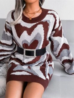 Women's Sweater Dress Jumper Dress Casual Dress Mini Dress Fashion Color Block Heart Outdoor Daily Vacation Going Out Crew Neck Long Sleeve 2023 Loose Fit Black Brown Khaki S M L -Tesla Style vgcjuf1694756611955