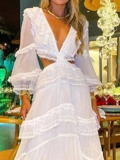 Women's White Dress Long Dress Maxi Dress White Long Sleeve Pure Color Patchwork Winter Fall Autumn V Neck Party Winter Dress Fall Dress Slim 2022 S M L XL -Tesla Style vgevbf1655975304366