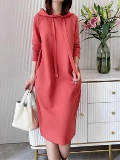 Women's Casual Dress Hoodie Dress Midi Dress Active Daily Outdoor Going Out Weekend Hoodie Pocket Solid Color Loose Fit Black Pink Green M L XL XXL 3XL -Tesla Style vgjqqd1694427872921