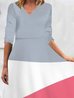 Women's Work Dress Casual Dress Swing Dress Fashion Winter Dress Daily Midi Dress Print V Neck Long Sleeve Geometric Color Block Regular Fit Pink Blue Fall Winter S M L XL XXL -Tesla Style vgsaem1694490797320