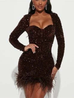 Women's Corset Dress Sequin Dress Feather Dress Mini Dress Army Green Brown Long Sleeve Pure Color Sequins Winter Fall Autumn Deep U Fashion Party Winter Dress Fall Dress 2023 S M L XL 2XL -Tesla Style vgsjej1666257956516