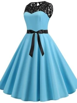 Women's Lace Dress Vintage Dress Swing Dress Black Dress Light Blue Wine Red Black Sleeveless Print Lace Up Summer Spring Fall Crew Neck Vintage -Tesla Style vgsrkw1666419814766