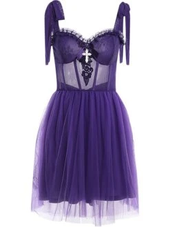 Women‘s Halloween Dress Party Dress Cocktail Dress Wedding Guest Dress Mini Dress Black Purple Sleeveless Pure Color Lace Spring Fall Winter Spaghetti Strap Fashion Birthday Wedding Guest 2023 S M L -Tesla Style vhfqvg1693808839275