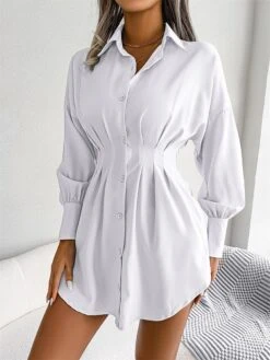 Women's Work Dress White Dress Semi Formal Dress Fashion Office Daily Workfashion Mini Dress Ruched Button Shirt Collar Long Sleeve Plain Loose Fit White Blue Army Green Fall Winter S M L XL -Tesla Style vhkhyv1695026954130
