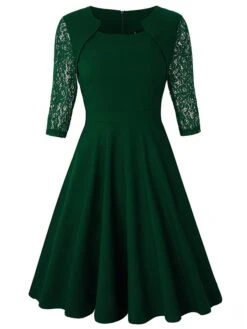 Women's Casual Dress Swing Dress Green Dress Midi Dress Wine Green 3/4 Length Sleeve Pure Color Lace Summer Spring Square Neck Party Slim 2023 S M L XL XXL -Tesla Style vhkity1639377935945