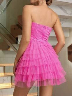 Women's Prom Dress Party Dress Homecoming Dress Mini Dress Fuchsia Sleeveless Pure Color Ruffle Spring Fall Winter Strapless Fashion Winter Dress Evening Party Wedding Guest 2023 S M L XL -Tesla Style vhmnku1692857446345