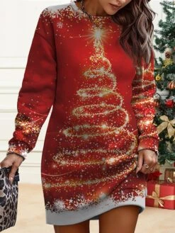 Women's Christmas Casual Dress Sweatshirt Dress Mini Dress Warm Fashion OutdoorVacation Crew Neck PrintTree Deer Loose Fit White Wine Navy Blue S M L XL XXL -Tesla Style vhmvsx1695621031038