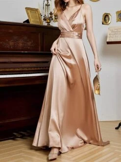 Women's Prom Dress Party Dress Satin Dress Long Dress Maxi Dress Champagne Pink Red Sleeveless Pure Color Backless Spring Fall Winter Spaghetti Strap Fashion Winter Dress Evening Party Wedding Guest -Tesla Style vhydhh1692079375469