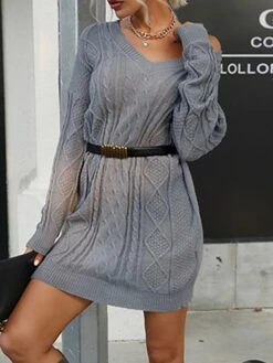 Women's Sweater Dress Jumper Dress Casual Dress Mini Dress Warm Pure Color Outdoor Casual Daily Going Out V Neck Long Sleeve 2023 Loose Fit Gray S M L -Tesla Style vieqju1695194440304