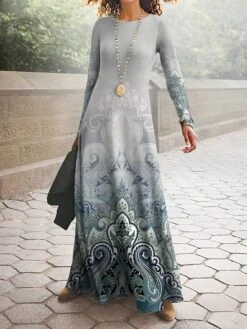 Women's Work Dress Casual Dress A Line Dress Fashion Winter Dress Daily Long Dress Maxi Dress Print Crew Neck Long Sleeve Floral Ombre Regular Fit Blue Purple Green Fall Winter S M L XL XXL -Tesla Style vigjue1694413140986