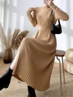 Women's Sweater Dress Winter Dress Jumper Dress Midi Dress Pleated Button Daily Date Going Out Fashion Basic Crew Neck Long Sleeve 2023 Slim Black Brown Green Color S M L XL Size -Tesla Style vimbom1692687923050