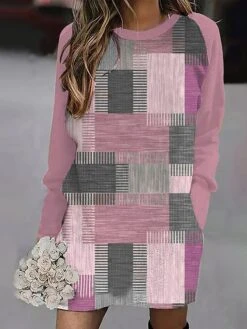 Women's Casual Dress Sweatshirt Dress Winter Dress Geometric Plaid Pocket Print Crew Neck Mini Dress Fashion Streetwear Outdoor Daily Long Sleeve Loose Fit Yellow Pink Blue Fall Winter S M L XL XXL -Tesla Style visgqn1693984913058