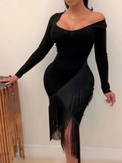 Women‘s Party Dress Wedding Guest Dress Fringe Dress Bodycon Midi Dress Black White Red Long Sleeve Pure Color Tassel Fringe Spring Fall Winter V Neck Fashion Winter Dress Vacation 2022 S M L XL XXL -Tesla Style viyeau1640250275051
