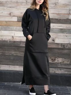 Women's Casual Dress Hoodie Dress Long Dress Maxi Dress Daily Basic Outdoor Vacation Going Out V Neck Pocket Solid Color Regular Fit Black Burgundy Blue S M L XL XXL -Tesla Style viyxeo1692165472809