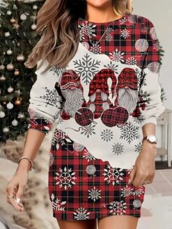 Women's Christmas Casual Dress Sweatshirt Dress Mini Dress Warm Fashion OutdoorVacation Crew Neck Print Geometric Snowman Snowflake Loose Fit White Wine Rusty Red S M L XL XXL -Tesla Style vizuee1695640758501