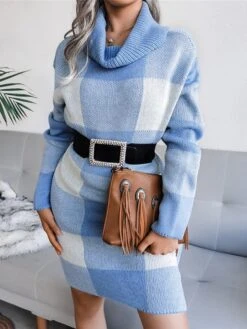 Women‘s Christmas Sweater Dress Winter Dress Sheath Dress Blue Wine Khaki Gray Long Sleeve Plaid Color Block Patchwork Winter Fall Turtleneck Casual S M L -Tesla Style vjhprb1634118521887