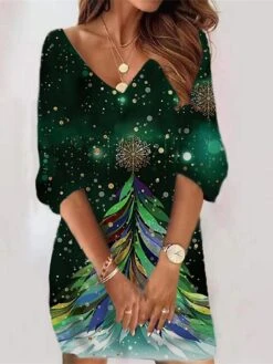 Women‘s Christmas Sweatshirt Dress Winter Dress Short Mini Dress Green Purple 3/4 Length Sleeve Tree Print Fall Winter V Neck Vacation Casual 2022 S M L XL XXL 3XL -Tesla Style vjxbzp1663755262871