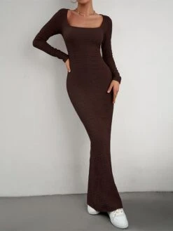 Women's Sweater Dress Jumper Dress Sheath Dress Long Dress Maxi Dress Fashion Pure Color Outdoor Daily Holiday Vacation U Neck Long Sleeve 2023 Slim Black Wine Brown S M L XL -Tesla Style vjzeku1692090322571