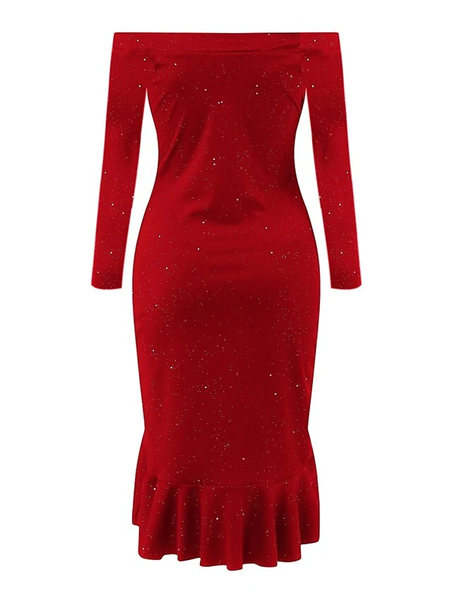 Women‘s Christmas Party Dress Cocktail DressKnee Length Dress Black Red Long Sleeve Pure Color Sequins Ruffle Fall Winter Off Shoulder Party Elegant Mature 2022 S M L XL XXL 5 Women‘s Christmas Party Dress Cocktail DressKnee Length Dress Black Red Long Sleeve Pure Color Sequins Ruffle Fall Winter Off Shoulder Party Elegant Mature 2022 S M L XL XXL - Image 3