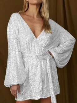 Women‘s Party Dress Sequin Dress Homecoming Dress Cocktail Dress Mini Dress Black White Champagne Long Sleeve Pure Color Sparkly Glitter Lace Up Fall Winter Autumn V Neck Wedding Guest -Tesla Style vkdtfi1694592553441