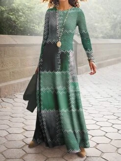 Women's Work Dress Casual Dress A Line Dress Fashion Winter Dress Daily Long Dress Maxi Dress Print Crew Neck Long Sleeve Geometric Plaid Regular Fit Yellow Blue Green Fall Winter S M L XL XXL -Tesla Style vkigvp1694490803036