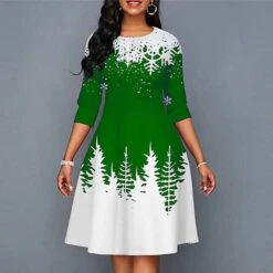 Women's Christmas Work Dress Swing DressKnee Length Dress Green Blue Purple Yellow Red Black 3/4 Length Sleeve Santa Claus Tree Snowflake Print Fall Winter Crew Neck Elegant Modern 2022 S -Tesla Style vkoion1665293381075