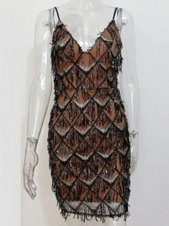 Women‘s Party Dress Fringe Dress Sequin Dress Homecoming Dress Mini Dress Black Champagne Gold Sleeveless Pure Color Sparkly Glitter Sequins Summer Spring Fall Spaghetti Strap Fashion Vacation -Tesla Style vksicz1692770527811