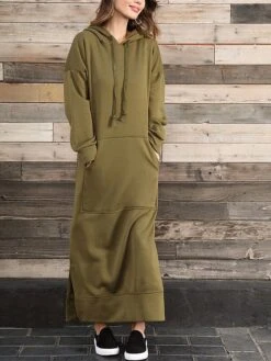 Women's Casual Dress Hoodie Dress Long Dress Maxi Dress Daily Basic Outdoor Vacation Going Out V Neck Pocket Solid Color Regular Fit Black Burgundy Blue S M L XL XXL -Tesla Style vktliq1692165478565