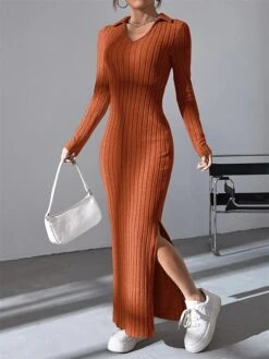 Women's Sweater Dress Winter Dress Jumper Dress Long Dress Maxi Dress Split Daily Date Going Out Active Fashion V Neck Long Sleeve 2023 Slim Black Brown Color S M L Size -Tesla Style vkzrfu1693559543833