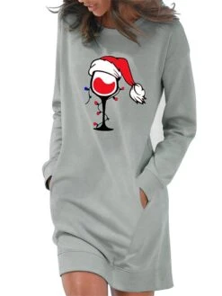 Women‘s Christmas Hoodie Dress Winter Dress Light Blue Grey White Long Sleeve Hat Pocket Print Winter Fall Crew Neck Stylish Casual Fall Dress Loose Fit 2022 S M L XL 2XL / Cotton -Tesla Style vlmbty1666175053394