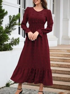 Women's Work Dress Swing Dress Black Dress Fashion Midi Dress Ruched V Neck Long Sleeve Plain Loose Fit Black Red Blue Fall Winter S M L XL XXL -Tesla Style vmcmsu1693300599963
