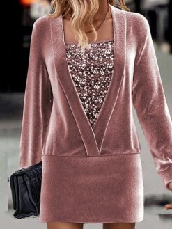 Women's Casual Dress Velvet Dress Mini Dress Warm Fashion Outdoor Holiday Vacation Crew Neck Pure Color Pure Color Regular Fit Pink S M L XL XXL -Tesla Style vmdjiy1696756903504