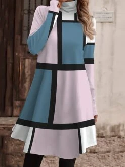 Women's Work Dress Casual Dress Fashion Winter Dress Daily Mini Dress Print Turtleneck Long Sleeve Geometric Plaid Regular Fit Yellow Pink Blue Fall Winter S M L XL XXL -Tesla Style vmhwqb1694156880257