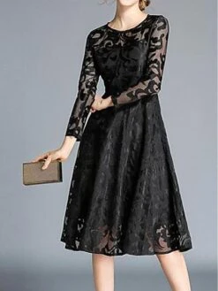 Women's Party Dress Lace Dress Swing Dress Midi Dress Wine Red Black Blue Long Sleeve Pure Color Lace Winter Fall Spring Crew Neck Elegant Party Winter Dress Wedding Guest 2023 S M L XL 2XL 3XL -Tesla Style vmoenf1645779844668