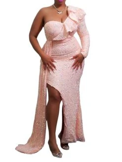 Women‘s Prom Dress Party Dress Sequin Dress Long Dress Maxi Dress White Pink Wine Long Sleeve Pure Color Sparkly Glitter Sequins Spring Fall Winter One Shoulder Fashion Winter Dress Wedding -Tesla Style vnbkmu1693808446485