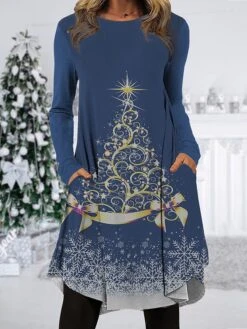 Women's Christmas Work Dress Casual Dress Fashion Winter Dress Daily Midi Dress Pocket Print Crew Neck Long Sleeve SnowmanTree Regular -Tesla Style vncyhy1695721939053