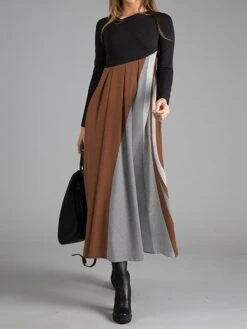 Women's Work Dress Casual Dress Swing Dress Fashion Winter Dress Daily Long Dress Maxi Dress Button Print V Neck Long Sleeve Geometric Color Block Regular Fit Red Blue Brown Fall Winter S M L XL XXL -Tesla Style vniexv1697524339525