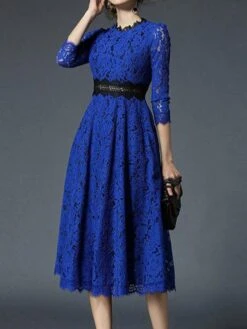 Women's Party Dress Casual Dress Lace Dress Midi Dress Blue Khaki 3/4 Length Sleeve Pure Color Lace Fall Winter Autumn Crew Neck Fashion Vacation 2023 S M L XL XXL 3XL 4XL 5XL
