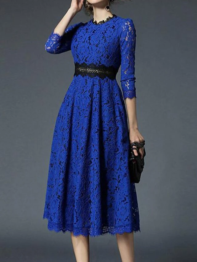 Women's Party Dress Casual Dress Lace Dress Midi Dress Blue Khaki 3/4 Length Sleeve Pure Color Lace Fall Winter Autumn Crew Neck Fashion Vacation 2023 S M L XL XXL 3XL 4XL 5XL 3 Women's Party Dress Casual Dress Lace Dress Midi Dress Blue Khaki 3/4 Length Sleeve Pure Color Lace Fall Winter Autumn Crew Neck Fashion Vacation 2023 S M L XL XXL 3XL 4XL 5XL