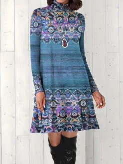 Women's Work Dress Casual Dress Mature Winter Dress Daily Mini Dress Print Turtleneck Long Sleeve Tribal Regular Fit Red Blue Green Fall Winter S M L XL XXL -Tesla Style vnonvu1694490794858