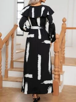 Women's Work Dress Casual Dress Swing Dress Fashion Office Daily Workfashion Midi Dress Lace Up Ruffle V Neck Long Sleeve Print Regular Fit Black Fall Winter S M L XL -Tesla Style vnwbim1695267906195