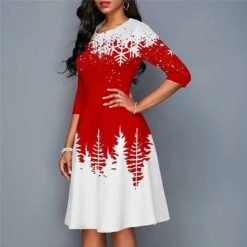 Women's Christmas Work Dress Swing DressKnee Length Dress Green Blue Purple Yellow Red Black 3/4 Length Sleeve Santa Claus Tree Snowflake Print Fall Winter Crew Neck Elegant Modern 2022 S -Tesla Style vocdkd1665293378766