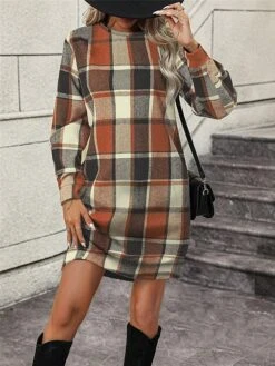 Women's Casual Dress Sweatshirt Dress Mini Dress Warm Fashion Outdoor Vacation Going Out Crew Neck Print Geometric Loose Fit Blue Brown Gray S M L XL XXL -Tesla Style vockjg1695641865910